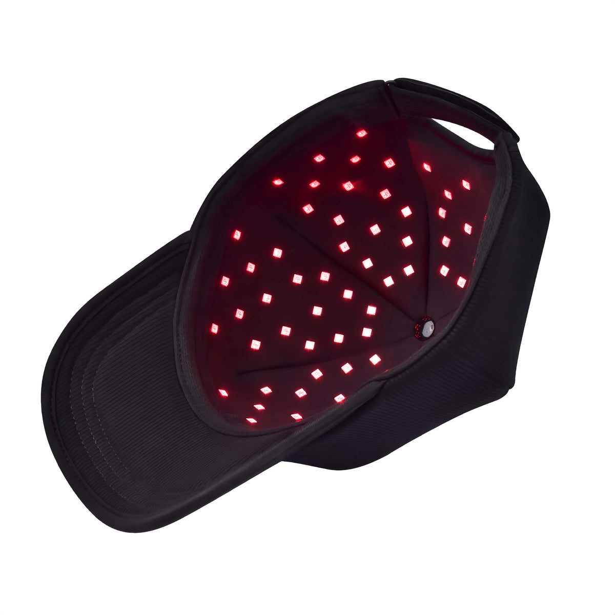 Black AZURE brimmed hat showing its red LED lining.